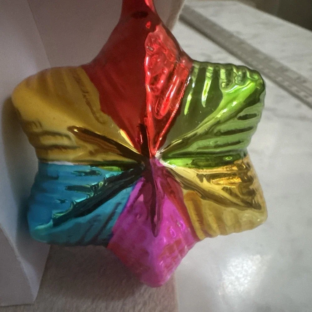 Pair Vintage Blown Glass Christmas Ornaments Six-Pointed Star Multi Color Ribbed